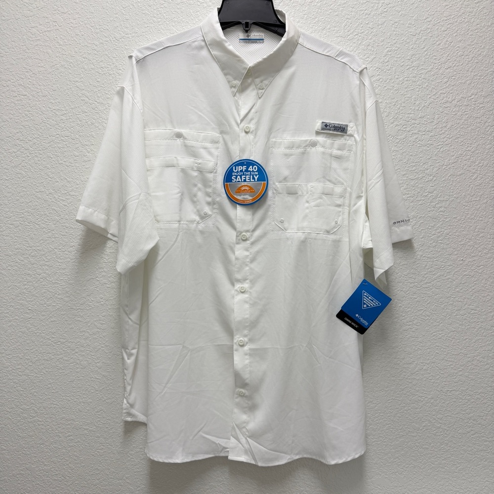 NWT Columbia Mens Size XL PFG Tamiami II White Short Sleeve Fishing Shirt UPF 40